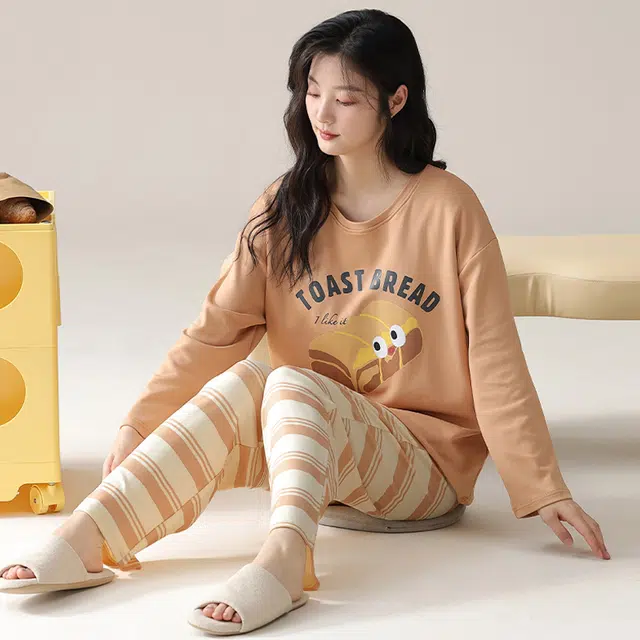 俏佳人 纯棉圆领套头条纹字母休闲宽松舒适亲肤透气长袖长裤可外穿家居服睡衣套装 女款