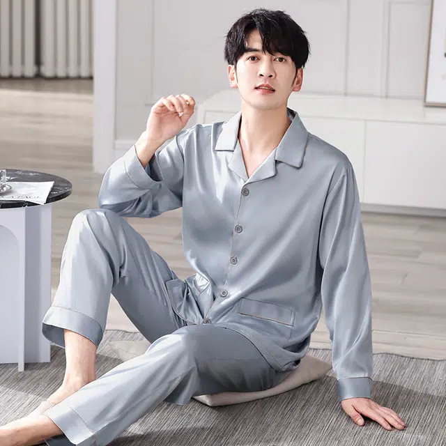 俏佳人 丝滑冰丝高级感翻领开衫纯色休闲简约家居服亲肤舒适透气长袖长裤睡衣套装 男款