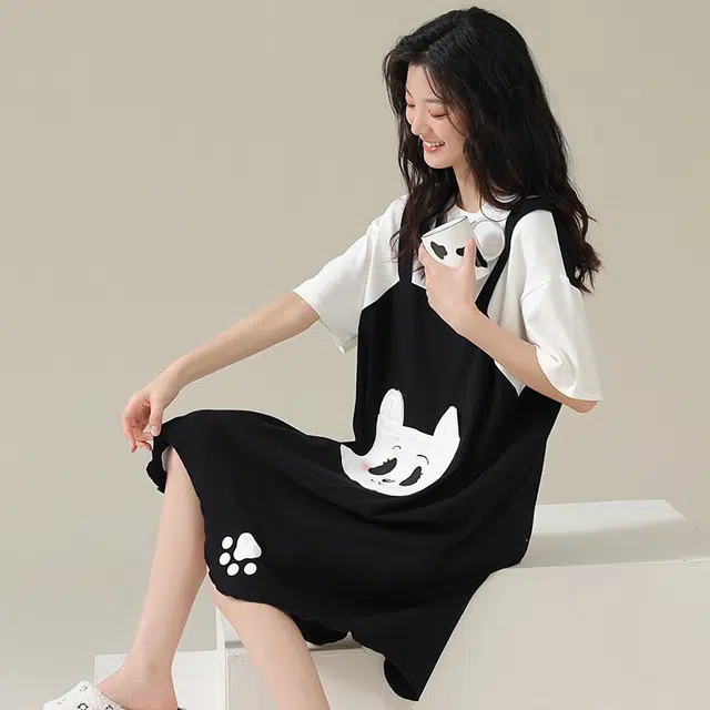 俏佳人 柔软亲肤熊猫公主风休闲套头慵懒短袖家居服睡裙 女款