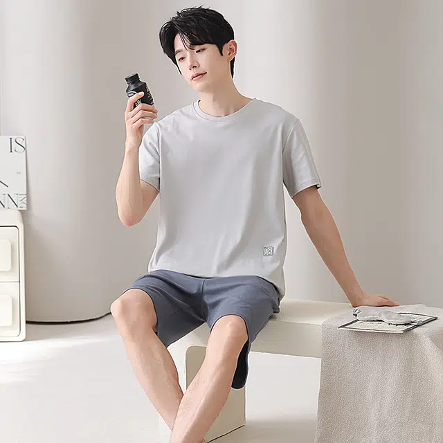 俏佳人 纯棉舒适透气基础纯色短袖休闲慵懒家居服睡衣套装 男款