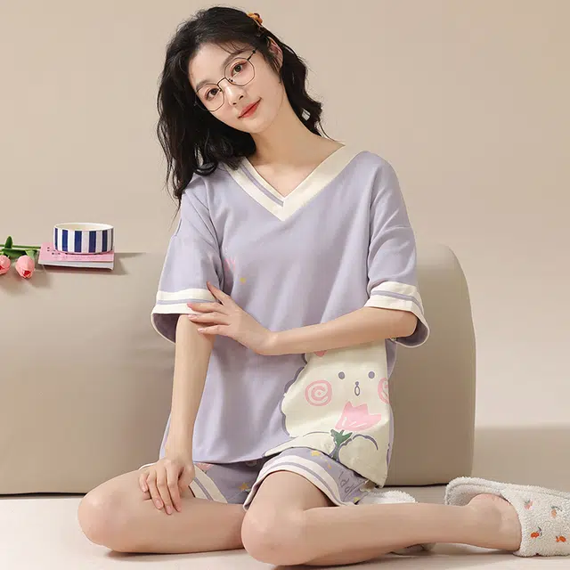 俏佳人 休闲柔软亲肤可外穿套头短袖短裤慵懒宽松家居服睡衣套装 女款