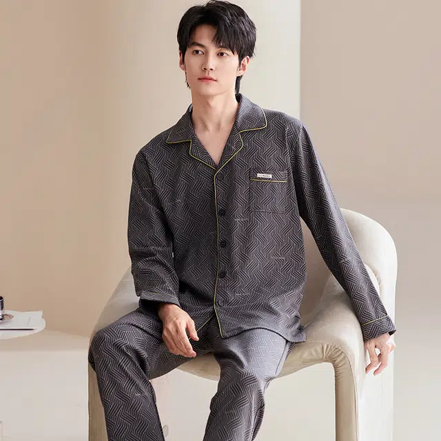 俏佳人 翻领开衫简约时尚条纹舒适透气长袖长裤家居服睡衣套装 男款 深灰色