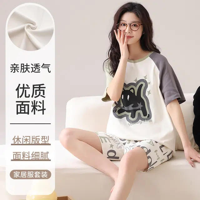 俏佳人 纯棉透气休闲慵懒短袖套头舒适家居服柔软亲肤睡衣套装 女款