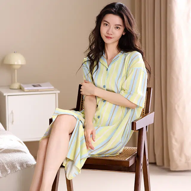 俏佳人 纯棉柔软亲肤透气基础家居服翻领休闲短袖慵懒睡裙 女款