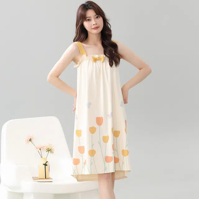 俏佳人 甜美可爱休闲宽松郁金香印花可外穿吊带无袖吊带睡裙 女款 杏色