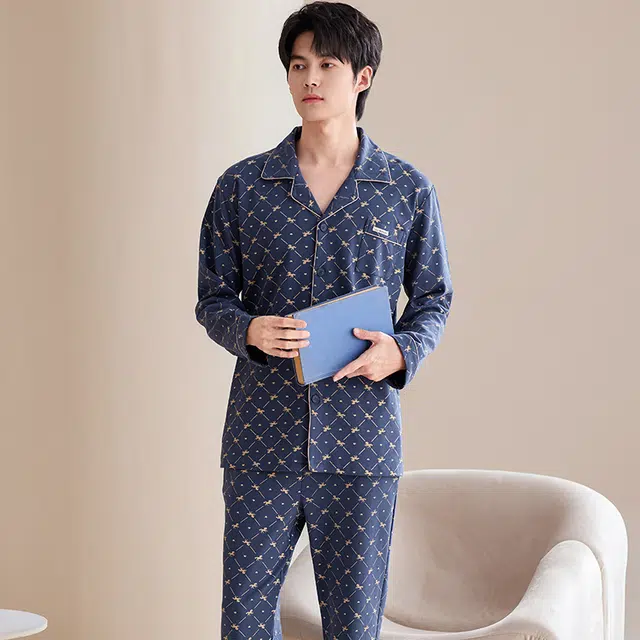 俏佳人 翻领开衫简约时尚舒适透气长袖长裤家居服睡衣套装 男款 宝蓝色