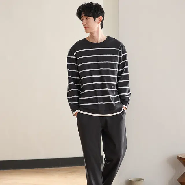 俏佳人 纯棉圆领套头条纹休闲宽松柔软舒适可外穿长袖长裤家居服睡衣套装 男款