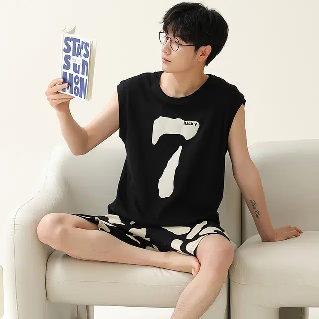 俏佳人 柔软亲肤休闲可外穿套头背心慵懒家居服睡衣套装 男款