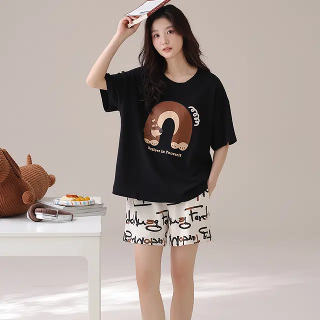 俏佳人 纯棉套头舒适慵懒短袖家居服柔软亲肤透气休闲睡衣套装 女款