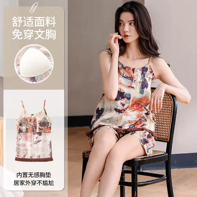 俏佳人 带胸垫凉感高级休闲舒适透气吊带短裤家居服睡衣套装 女款