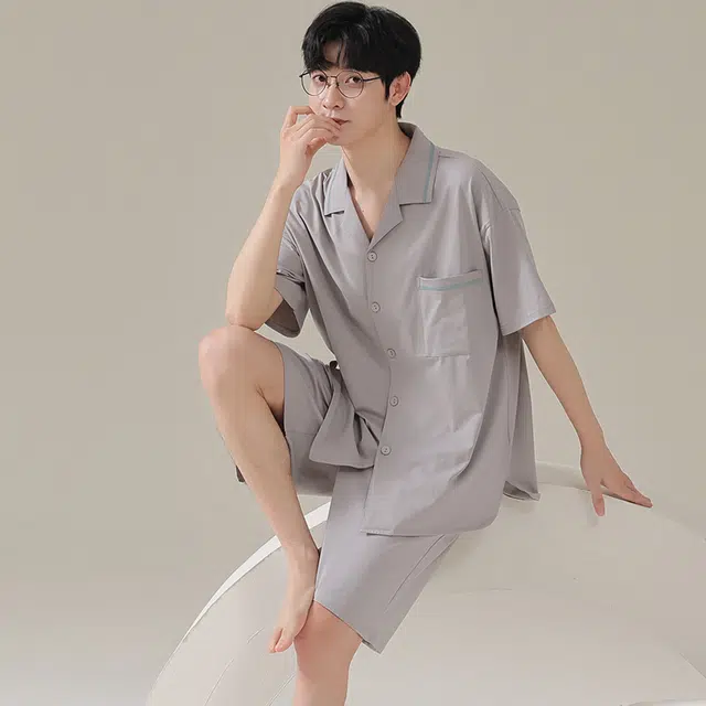 俏佳人 纯色韩版基础柔软亲肤休闲开衫慵懒短袖家居服睡衣套装 男款