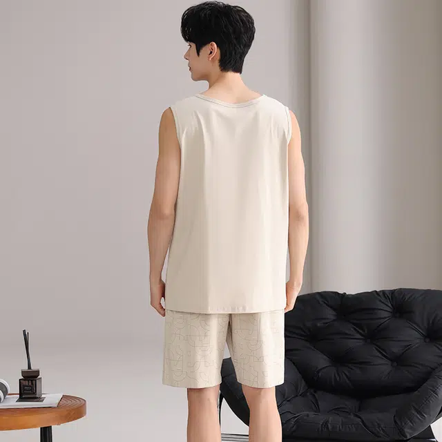 俏佳人 背心纯棉舒适透气简约套头休闲慵懒风可外穿家居服睡衣套装 男款