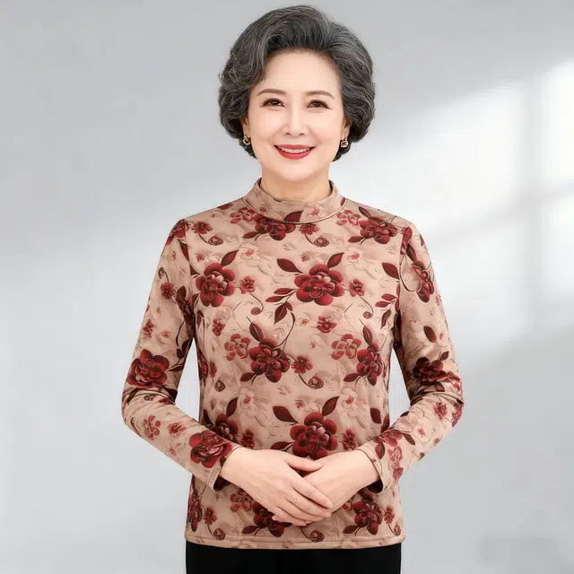 俏佳人 秋冬防寒优雅妈妈装磨毛薄绒中老年半高领印花碎花长袖打底衫高弹力舒适亲肤保暖上装 女款