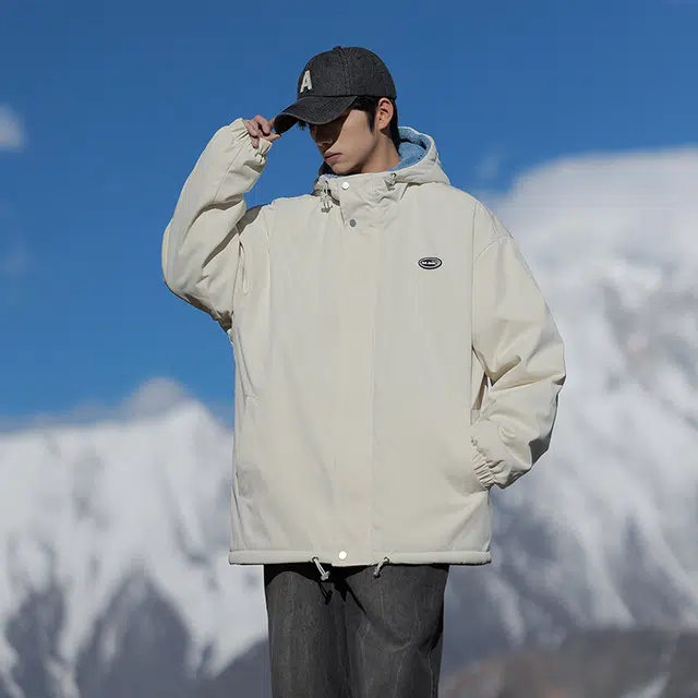 寻星记 美式复古高街宽松休闲百搭日系学院风基础款纯色字母印花贴标羊羔绒加厚保暖休闲连帽棉服 男女同款