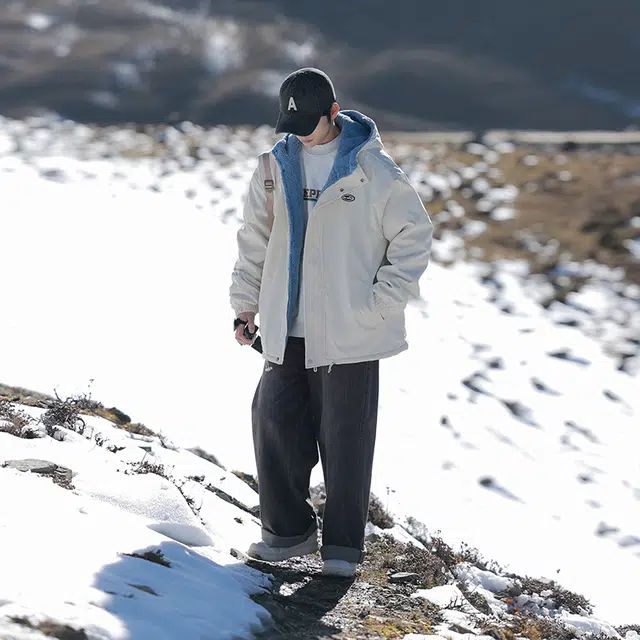 寻星记 美式复古高街宽松休闲百搭日系学院风基础款纯色字母印花贴标羊羔绒加厚保暖休闲连帽棉服 男女同款