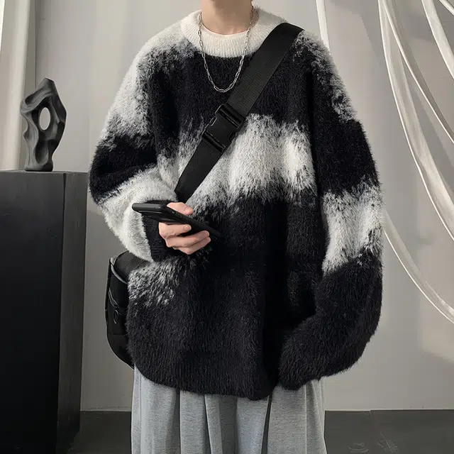 寻星记 美式高街复古慵懒风无性别撞色渐变拼接保暖长袖毛茸打底针织衫 男女同款