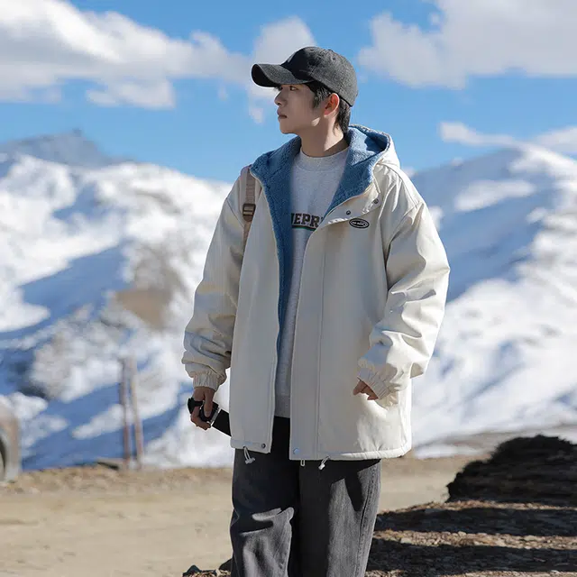 寻星记 美式复古高街宽松休闲百搭日系学院风基础款纯色字母印花贴标羊羔绒加厚保暖休闲连帽棉服 男女同款