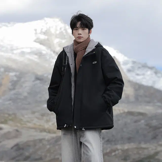 寻星记 美式复古高街宽松休闲百搭日系学院风基础款纯色字母印花贴标羊羔绒加厚保暖休闲连帽棉服 男女同款