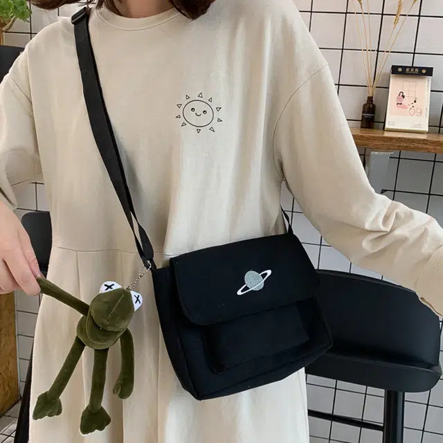 泰克森 星球工装 帆布 帆布包单肩斜挎包 小号 男女同款情侣款 黑色/白色