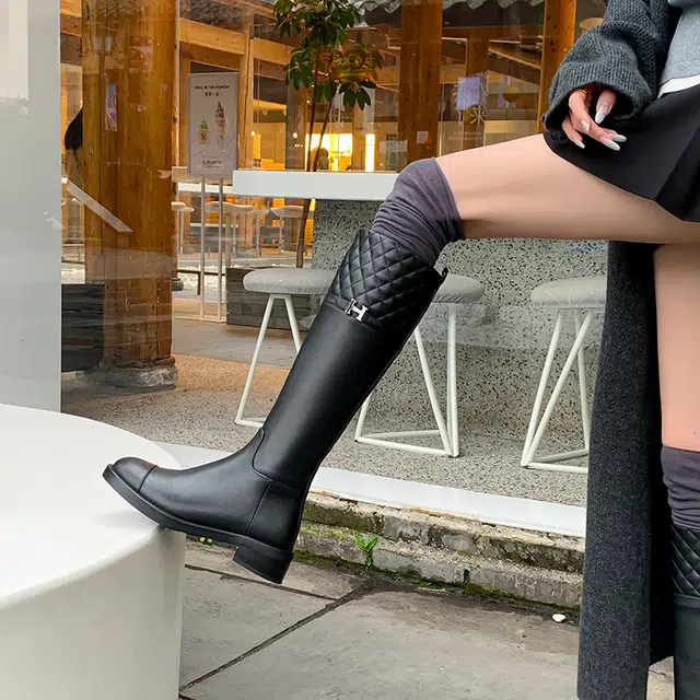 复古时尚百搭通勤休闲显瘦气质小香风骑士靴 高筒靴 女款 经典黑色
