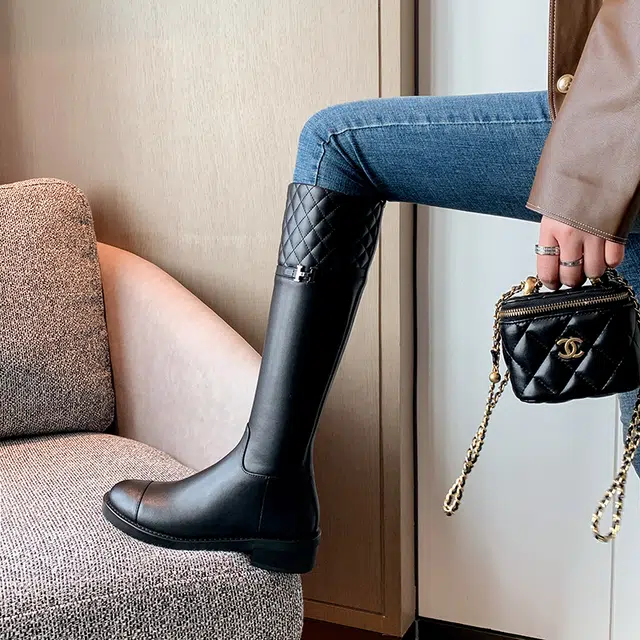 复古时尚百搭通勤休闲显瘦气质小香风骑士靴 高筒靴 女款 经典黑色