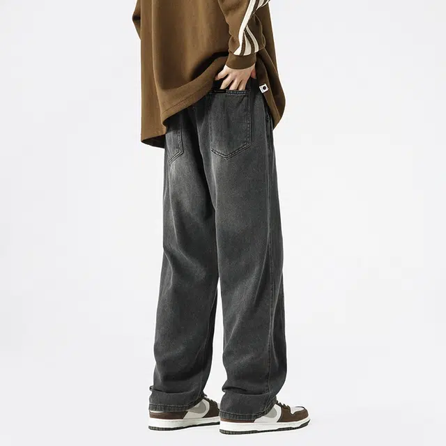 寻星记 美式复古街头水洗做旧系带抽绳直筒高街经典时尚风宽松舒适百搭潮牌休闲工装牛仔裤 男女同款