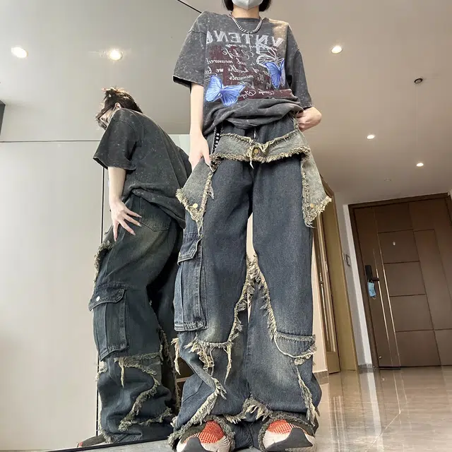 北极绒 美式复古水洗拼接阔腿拖地休闲长裤牛仔裤 男女同款