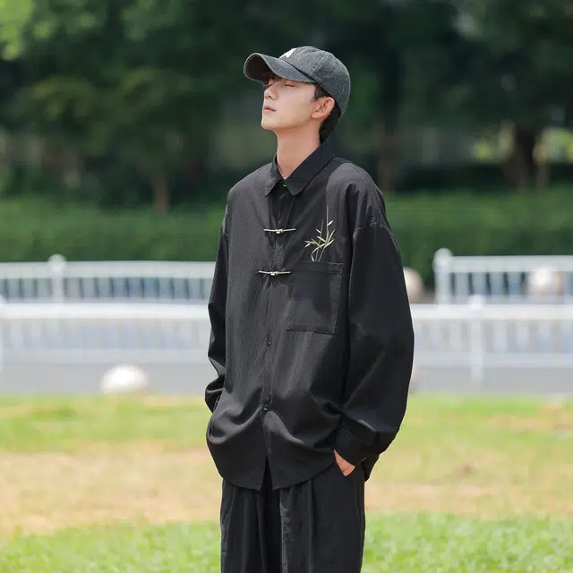 新中式国风翠竹刺绣设计感翻领纽扣宽松休闲百搭垂感长袖衬衫 男女同款