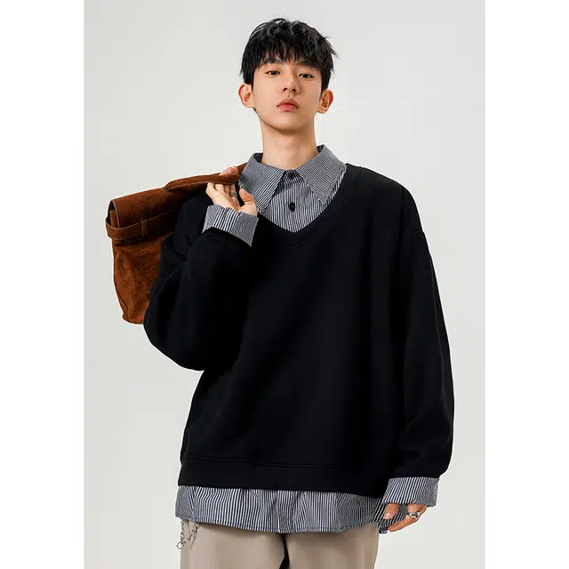 太子龍 高克重华棉条纹拼接假两件大码卫衣 男女同款