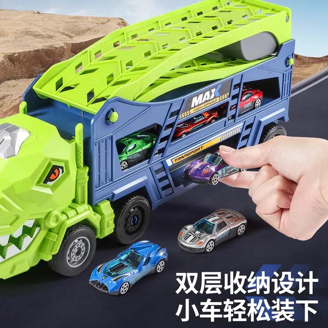 贝贝家 变形霸王龙折叠轨道恐龙车 滑行弹射合金双层收纳小汽车 竞速玩耍 双重形态 惯性行驶 早教益智玩具