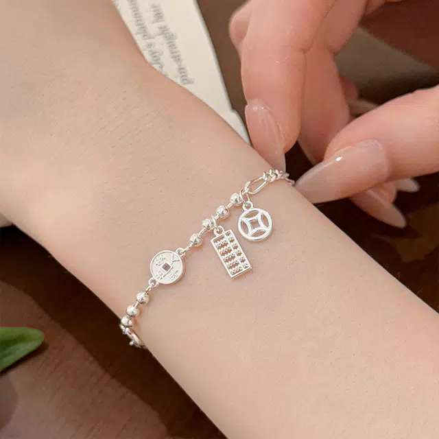 【S925纯银 财源滚滚】 七七银饰 钱币算盘 招财纳福马上有钱花 新中式盘缠平安福 轻奢好运钱币气质 通勤百搭  银 手链 女款