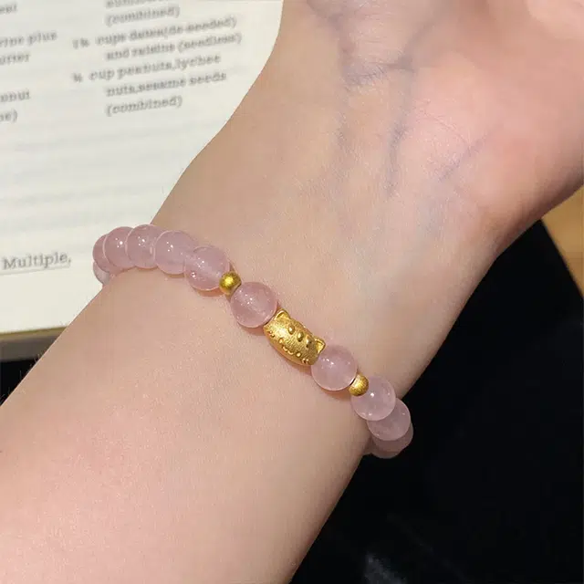 【S925银 高品质】 七七银饰 萌趣法棍猫 童真可爱招财小猫咪 童话梦幻 小众简约设计感时尚 精致时尚优雅 好运 粉水晶 手串 女款