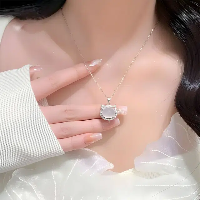 【S925纯银 高品质】 七七银饰 猫咪 萌趣可爱 镶钻闪耀 轻奢精致优雅时尚小众 简约大方 日常通勤百搭#好运 玉髓 项链 男女同款情侣款