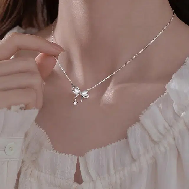 【S999足银纯银 在逃公主】 七七银饰 蝴蝶结  甜美可爱小清新 时尚优雅气质高级 精致轻奢优雅 通勤百搭 学生#好运 琉璃 项链 女款