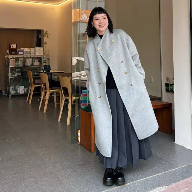 桴生 韩系时尚舒适纯色羊毛长款双排扣领设计感通勤慵懒风毛呢大衣 女款