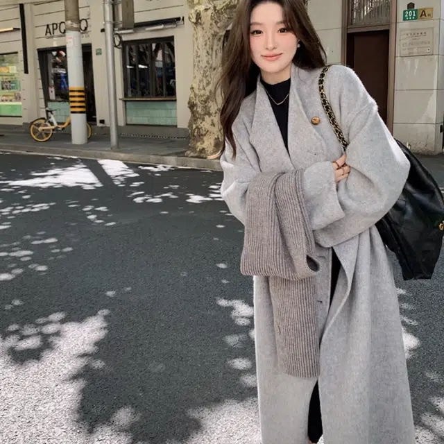 桴生 韩系时尚舒适纯色羊毛长款双排扣领设计感通勤慵懒风毛呢大衣 女款