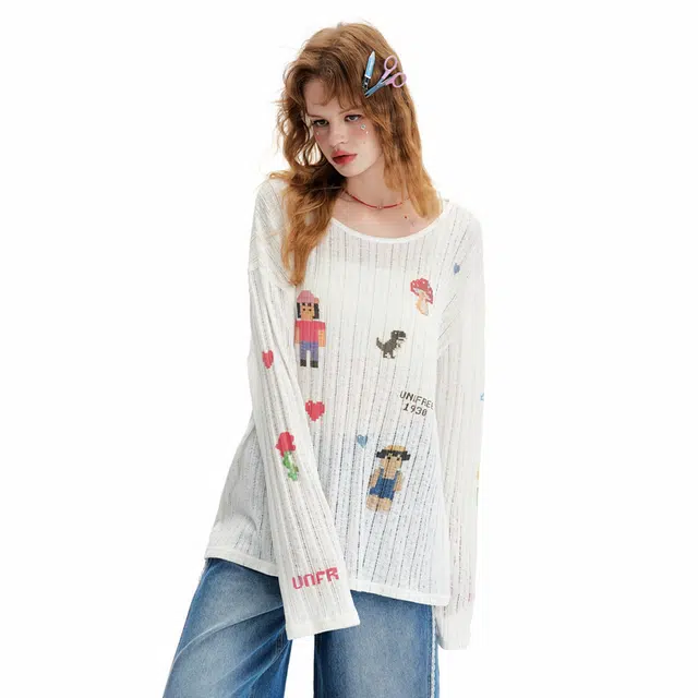 UNIFREE Cute Print Loose Thin Hollow Long Sleeve Tee
