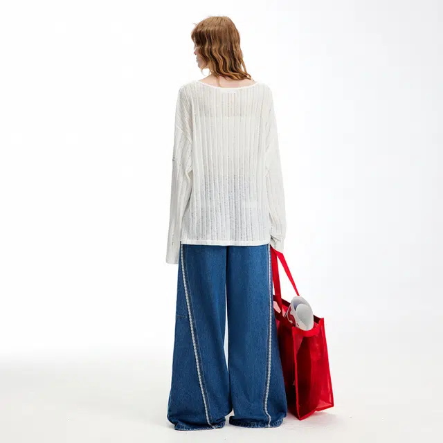 UNIFREE Cute Print Loose Thin Hollow Long Sleeve Tee