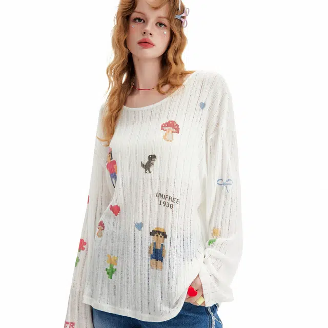 UNIFREE Cute Print Loose Thin Hollow Long Sleeve Tee