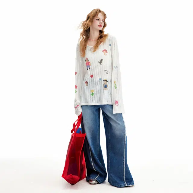 UNIFREE Cute Print Loose Thin Hollow Long Sleeve Tee