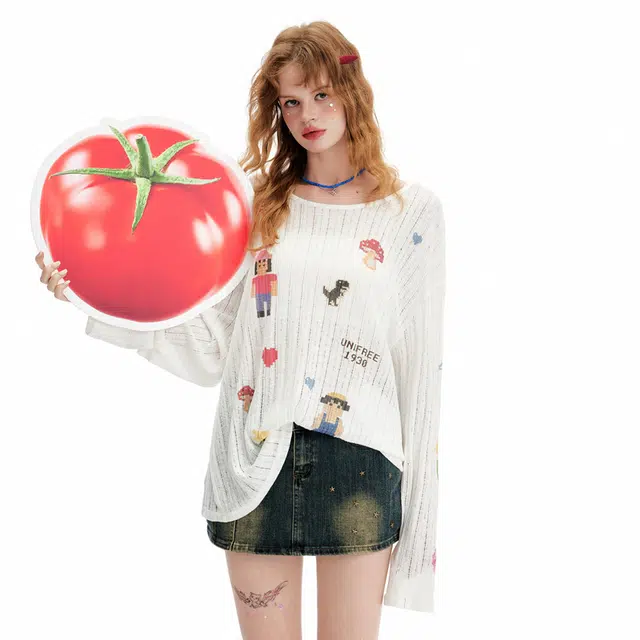 UNIFREE Cute Print Loose Thin Hollow Long Sleeve Tee
