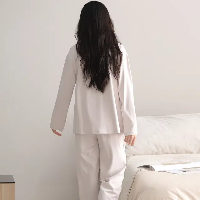 都市丽人 女士纯棉微弹拉架长袖大领开衫字母简约纯色宽松高级感家居服秋冬季睡衣套装 女款