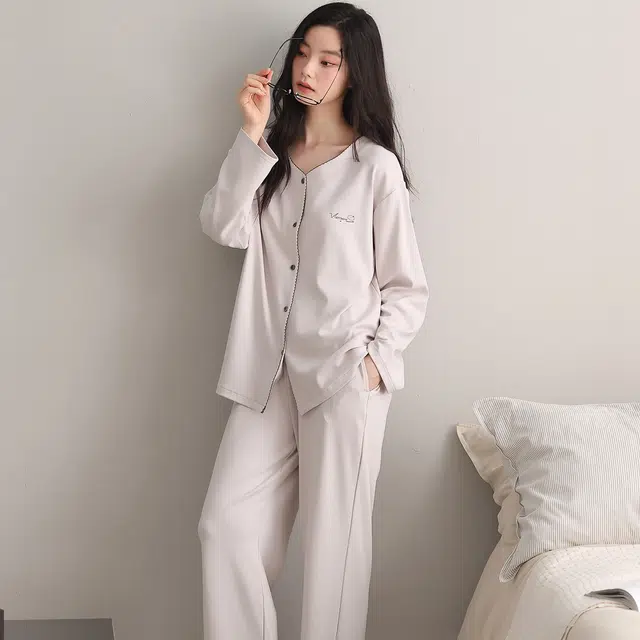 都市丽人 女士纯棉微弹拉架长袖大领开衫字母简约纯色宽松高级感家居服秋冬季睡衣套装 女款