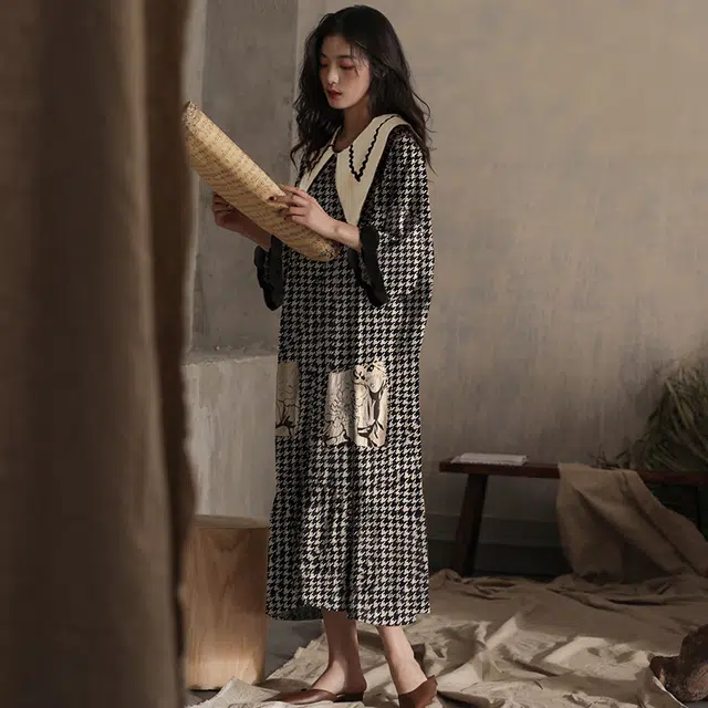 都市丽人 舒适休闲大码可外穿短袖睡裙 女款 黑白格纹