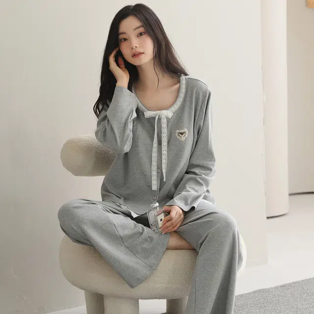都市丽人 女士纯棉微弹拉架长袖大领开衫蝴蝶结简约纯色宽松高级感家居服秋冬季睡衣套装 女款