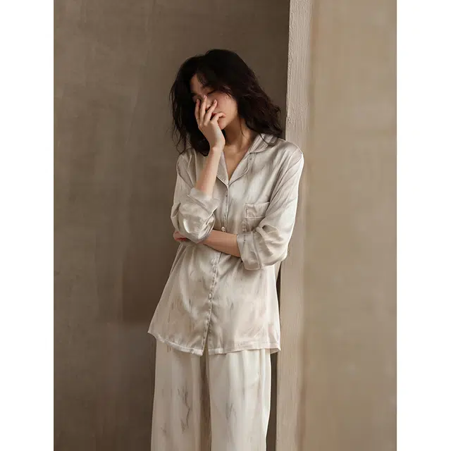都市丽人 简约休闲风长袖翻领开衫家居服可外穿睡衣套装 女款 香槟色