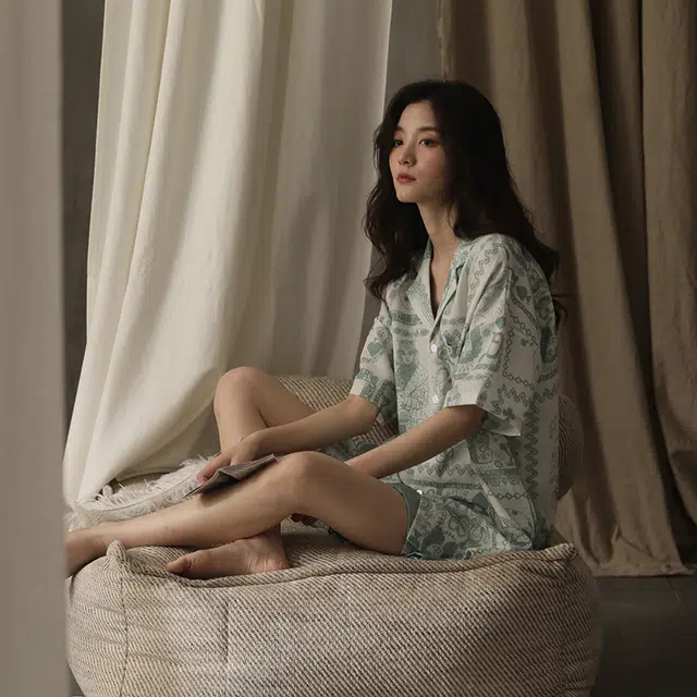 都市丽人 舒适翻领短袖上衣家居服可外穿三分裤睡衣套装 女款 军服蓝