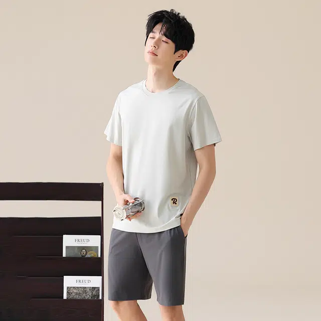 都市丽人 家居服舒适凉感短袖上衣可外穿五分裤睡衣套装 男款 浅灰色