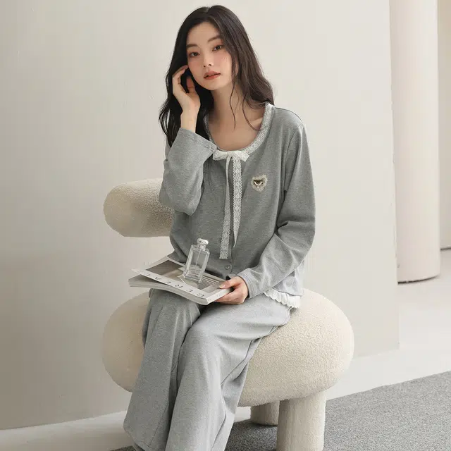 都市丽人 女士纯棉微弹拉架长袖大领开衫蝴蝶结简约纯色宽松高级感家居服秋冬季睡衣套装 女款