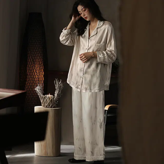 都市丽人 简约休闲风长袖翻领开衫家居服可外穿睡衣套装 女款 香槟色